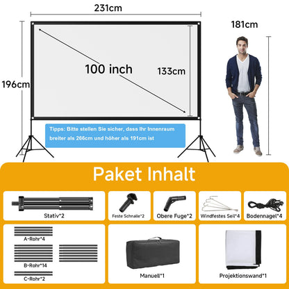 VISULAPEX 100" Beamer Leinwand 16:9 4K HD mit Stativ Tragbar