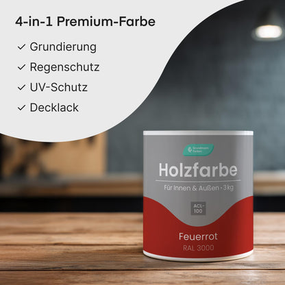 Grundmann Holzfarbe ACL 100 Holzlack - 3 Kg Rot RAL 3000 Feuerrot