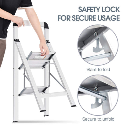 KINGRACK Leiter Aluminium, Trittleiter 2 stufen klappbar, leiter 2 stufen mit Handlauf, rutschfeste Haushaltsleiter mit Klappsicherung, Aluleiter Belastbar bis 150 kg, für Zuhause, Büro,Garten,Silber