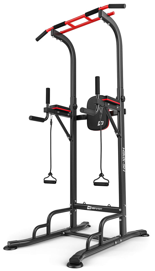 Hop-Sport Power Tower Kraftstation – Höhenverstellbar 150kg. Schwarzer, stabiler Stahltower für Klimmzüge, Dips und Beinheben zum Bodyweight-Training.