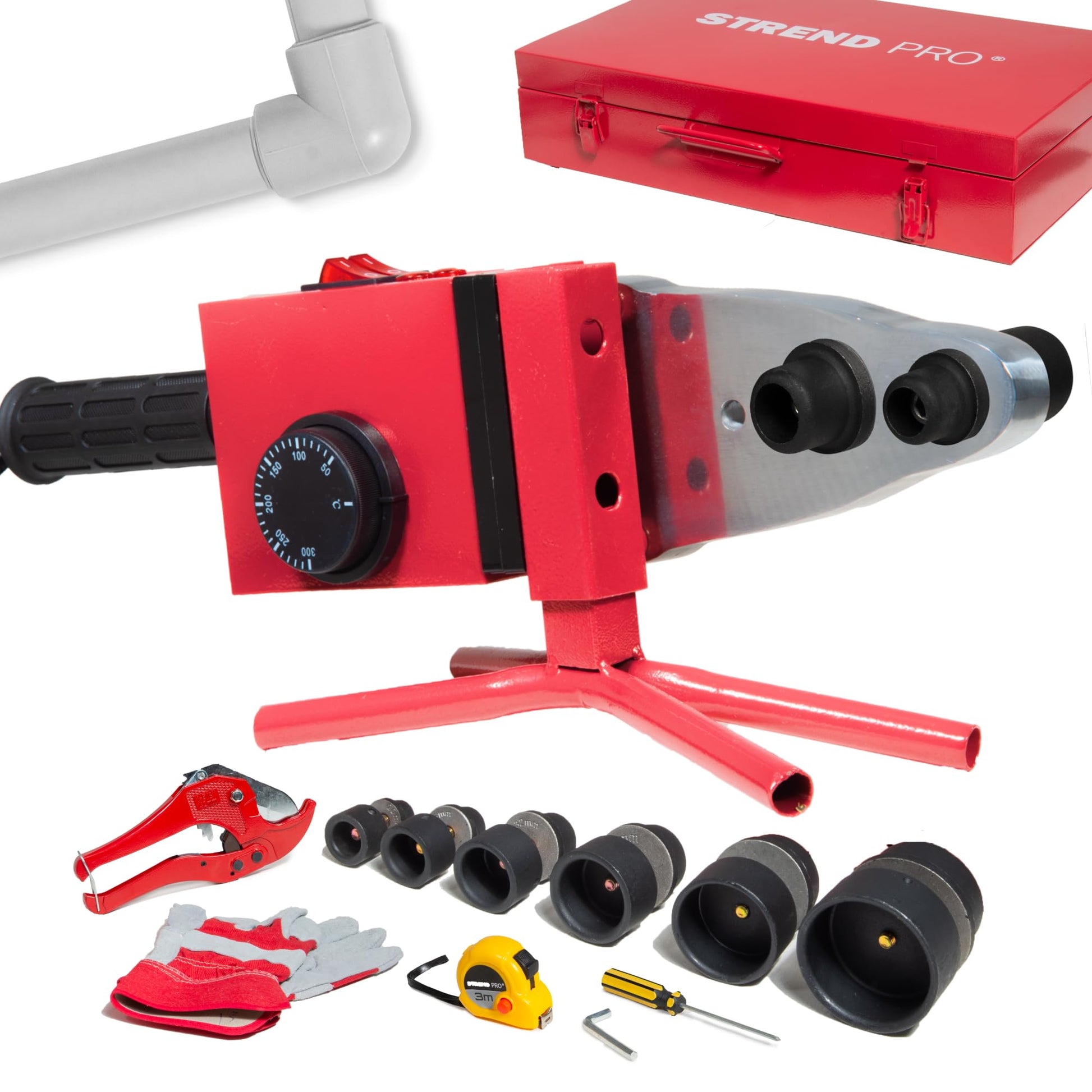 STREND PRO Muffenschweissgerät 1500W für Kunststoffrohre Ø20-63mm. Robustes Gerät zum thermischen Fügen von PE-, PP-, PB-Rohren.