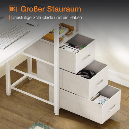 ODK Schreibtisch 120x48cm mit 3 Schubladen, Steckdosen, USB – Weiss