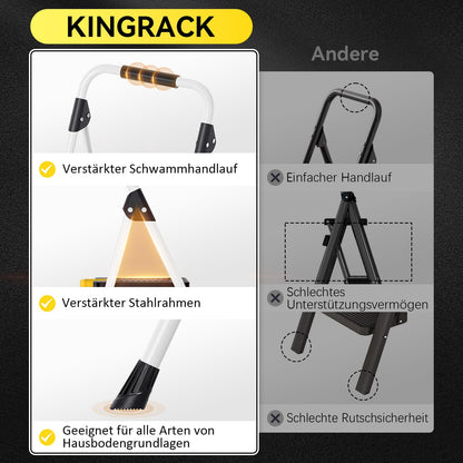 KINGRACK Trittleiter 3 Stufen, Klappleiter 150 kg, weiss