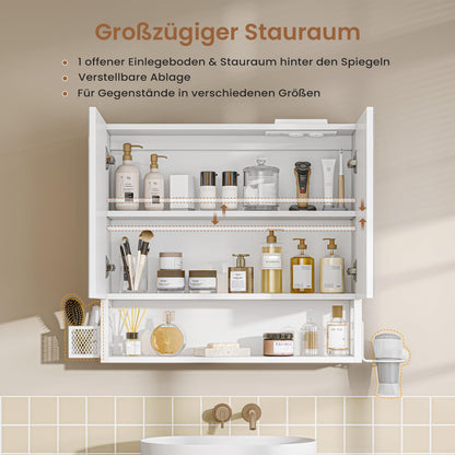FORABAMB Spiegelschrank mit LED-Beleuchtung, doppeltürig, 60 cm, weiss