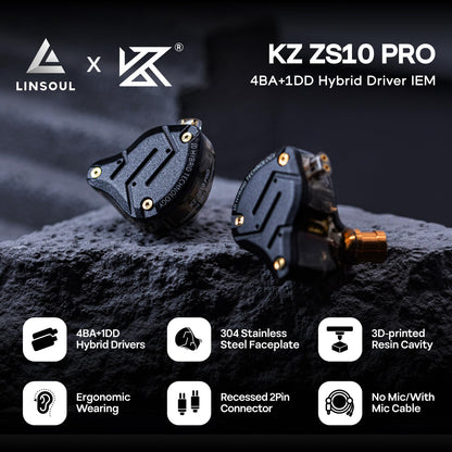 LINSOUL KZ ZS10 Pro In-Ear-Monitor - Ohne Mikrofon, Dunkelschwarz