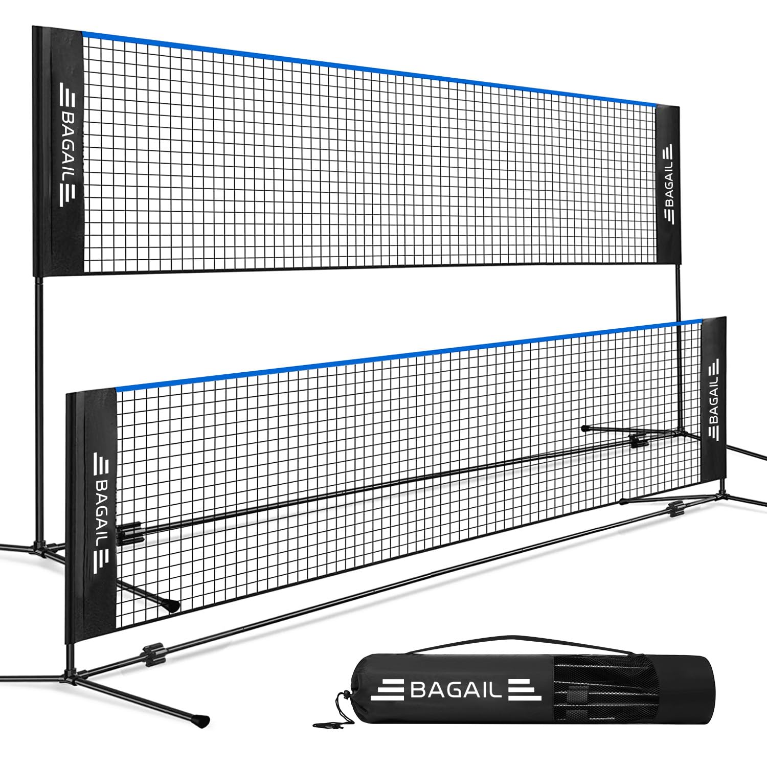 BAGAIL Sportnetz Faltbar Höhenverstellbar – Badminton Tennis Volleyball: Schwarzes Netz mit weißem Band.