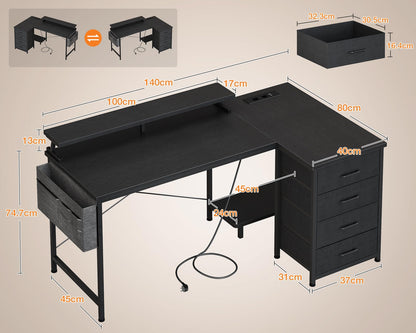 ODK L-Form Schreibtisch 140x80cm schwarz – reversibel, Schubladen