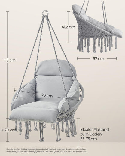 SONGMICS Hängesessel GDC042G11V3, mit Kissen, bis 120 kg, Taubengrau