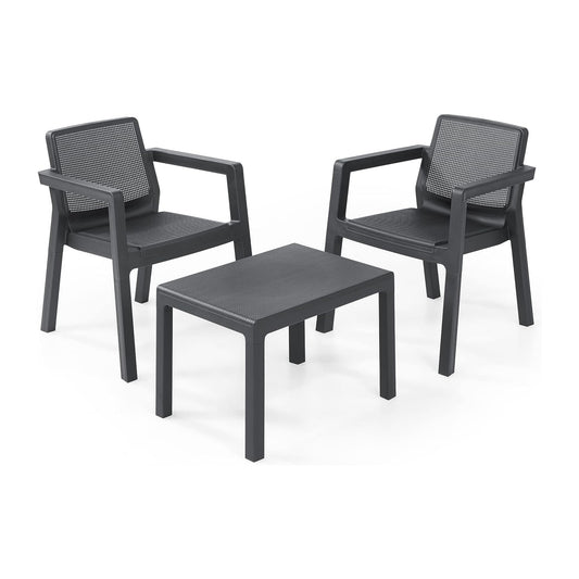 Allibert Emily 3-teiliges Balkonmöbel Set Kunststoff Graphit. Graphit-Kunststoffset mit 2 Sesseln und Tisch für Balkone.