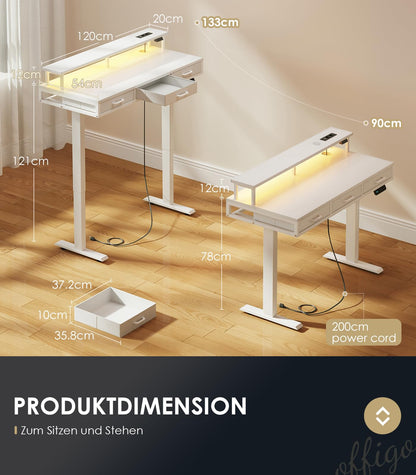 OffiGo Elektrischer Schreibtisch Höhenverstellbar 120cm Weiss m. Schubladen
