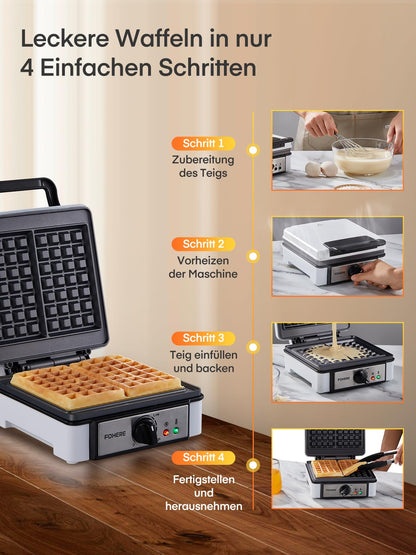 FOHERE Waffeleisen XL für 2 Waffeln, 1200 Watt, antihaftbeschichtet