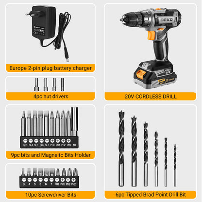 DEKOPRO Akku-Bohrmaschine 20 V Set mit Akku, Ladegerät und Zubehör