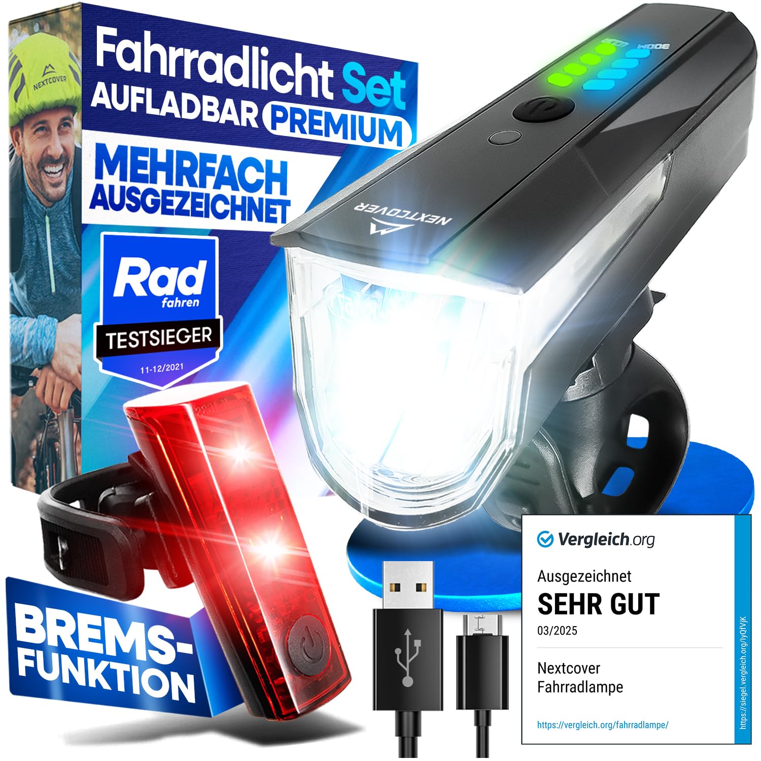 Nextcover LED Fahrradlicht Set mit LightSense Sensor, USB aufladbar, Front- und Rücklicht