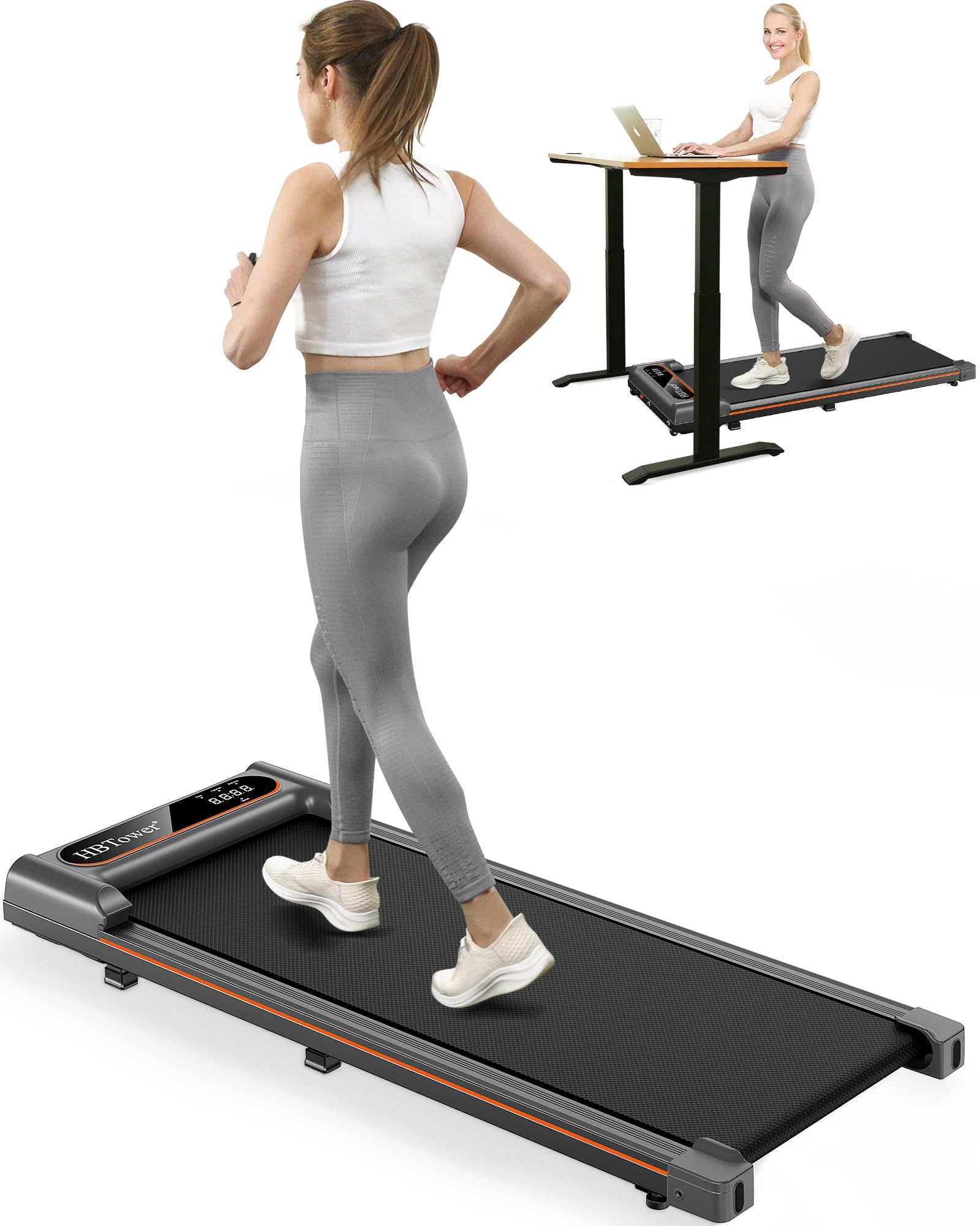 HBTower Walking Pad Laufband – Unter Schreibtisch LED Home Büro. Flaches, graues Laufband zum Gehen unter dem Schreibtisch im Home-Office.