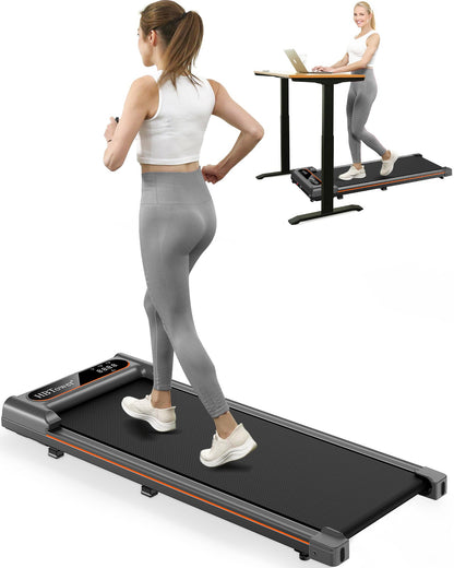 HBTower Walking Pad Laufband – Unter Schreibtisch LED Home Büro. Flaches, graues Laufband zum Gehen unter dem Schreibtisch im Home-Office.