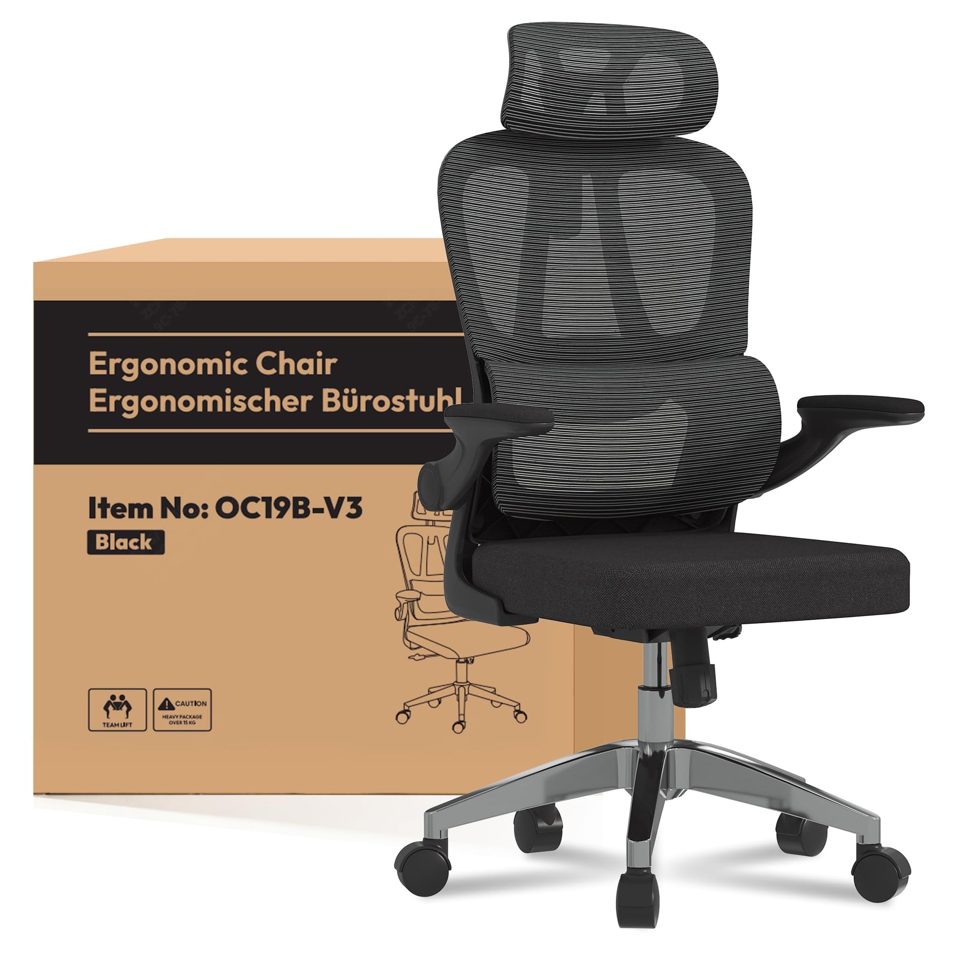 FLEXISPOT ergonomischer Bürostuhl mit 2D-Kopfstütze – Schwarz. Stützt ergonomisch am Schreibtisch.