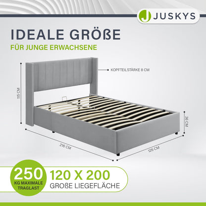 Juskys Polsterbett Savona 120x200 cm mit Stauraum Hellgrau