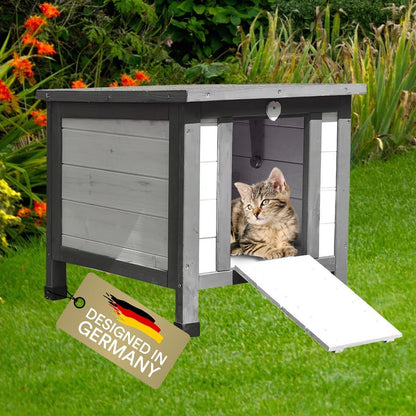 Melko Katzenhaus Grau/Weiss 50x45x43 cm mit klappbarem Dach und Rampe