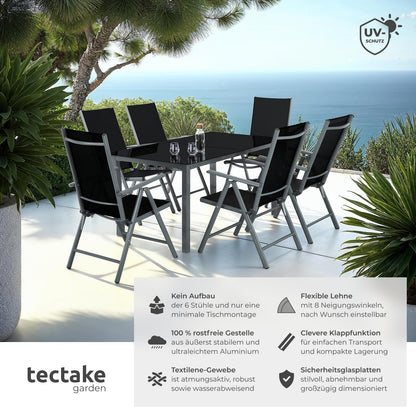 tectake Sitzgruppe Aluminium 6 Klappstühle & Glastisch anthrazit