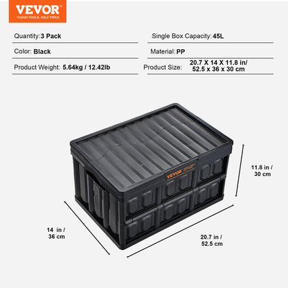 VEVOR Klappbox 45 L 3er-Set, faltbare Aufbewahrungsbox mit Deckel
