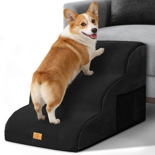 Thihome Hundetreppe 3 Stufen, 40 cm, waschbarer Bezug, schwarz – dreistufige Schaumstofftreppe mit Kordbezug