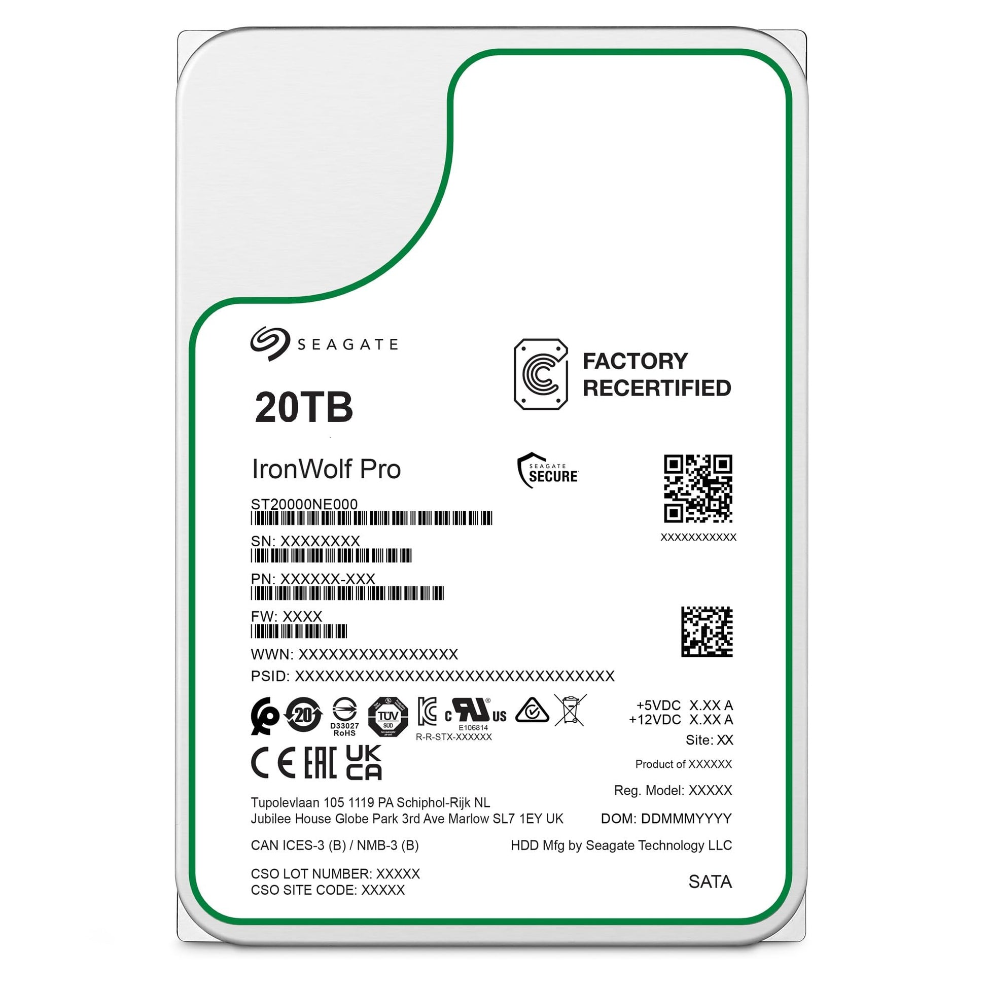 Seagate Ironwolf PRO 20 TB Interne Festplatte – Generalüberholt. Metallfarbenes, rechteckiges SATA-Laufwerk zur Datenspeicherung in NAS.