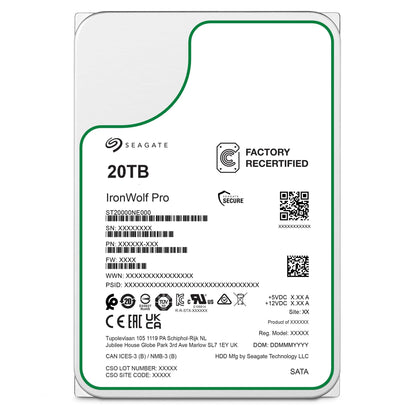 Seagate Ironwolf PRO 20 TB Interne Festplatte – Generalüberholt. Metallfarbenes, rechteckiges SATA-Laufwerk zur Datenspeicherung in NAS.