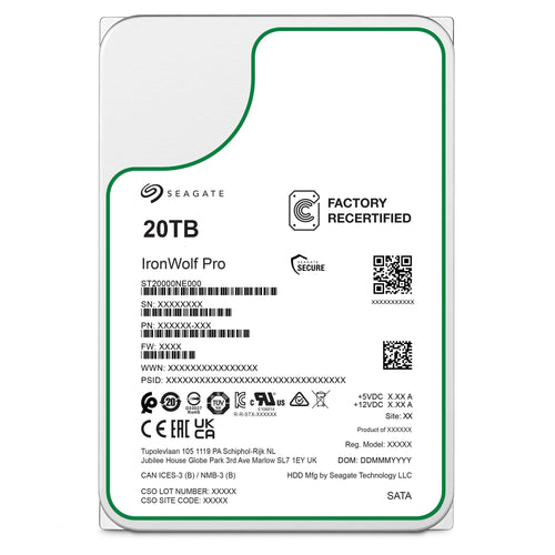 Seagate Ironwolf PRO 20 TB Interne Festplatte – Generalüberholt. Metallfarbenes, rechteckiges SATA-Laufwerk zur Datenspeicherung in NAS.
