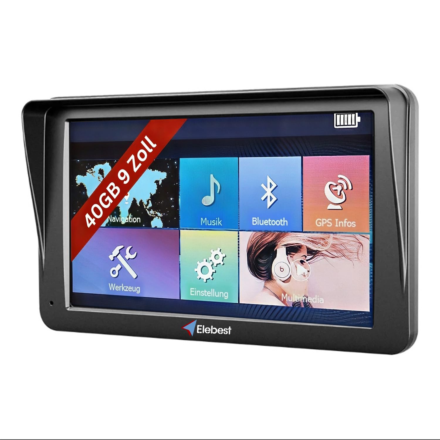 Elebest City 90+ GPS Navigationsgerät - 9 Zoll Auto LKW Wohnmobil. Rechteckiger, schwarzer Bildschirm zur Routenführung für Fahrzeuge.