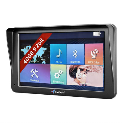 Elebest City 90+ GPS Navigationsgerät - 9 Zoll Auto LKW Wohnmobil. Rechteckiger, schwarzer Bildschirm zur Routenführung für Fahrzeuge.