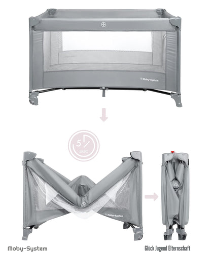 Moby-System Baby Reisebett 128x68 cm, faltbar mit Matratze, grau