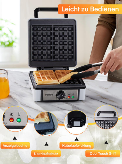 FOHERE Waffeleisen XL für 2 Waffeln, 1200 Watt, antihaftbeschichtet