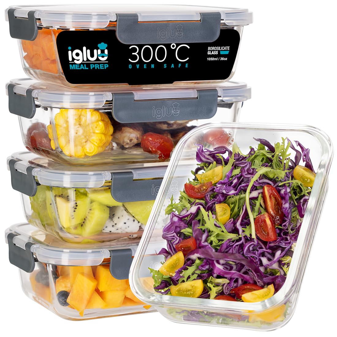 Igluu Meal Prep Glas-Frischhaltedosen, 5er-Set, 1050 ml, auslaufsicher: rechteckiges Borosilikatglas mit Clip-Deckel