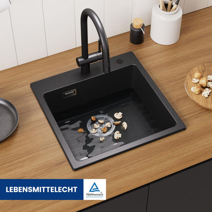 CECIPA Granit-Einbauspüle 45x45cm, schwarz eckig, 2 Hahnlöcher