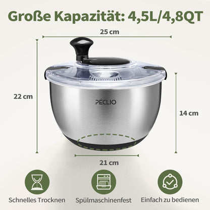 Peclio Salatschleuder Edelstahl 4,5 L mit Kurbelantrieb, Schwarz
