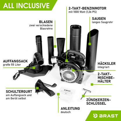 BRAST Laubsauger Laubbläser Benzin – 4in1 Funktion 1,0kW