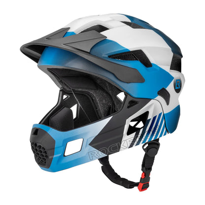 ROCKBROS Kinderhelm Fullface 2in1 mit Kinnschutz, Blau, M 54-57 cm – Fahrradhelm mit abnehmbarer Krempe