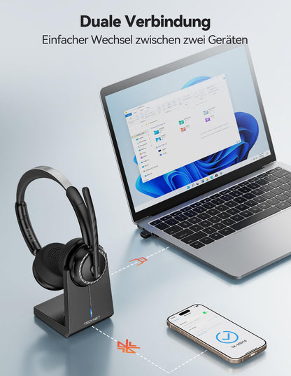 TECKNET Bluetooth Headset mit Mikrofon, AI Noise Cancelling, TK-HS016