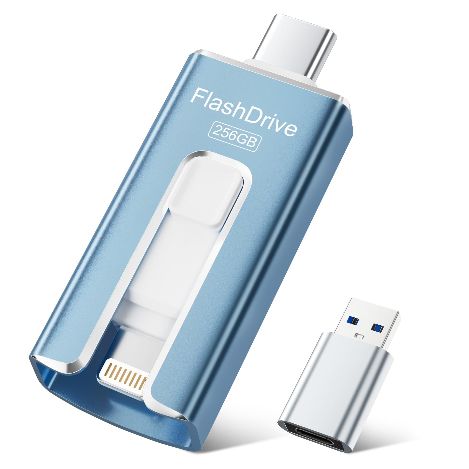 SUDEHO USB Stick 256 GB MFi Lightning/USB-C – Blau, ein kompakter, blauer Datenspeicher zur Datenübertragung zwischen Lightning- und USB-C-Geräten.