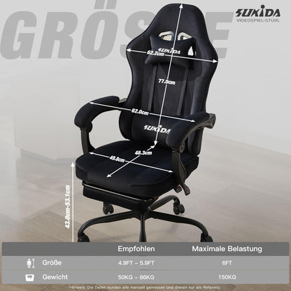 SUKIDA Gaming-Stuhl aus Stoff, ergonomisch, mit Fussstütze, schwarz