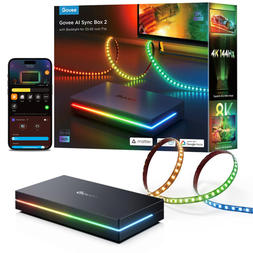 Govee HDMI 2.1 Sync Box AI Kit 2 mit LED TV-Hintergrundbeleuchtung – Sync Box mit HDMI-Anschlüssen und LED-Streifen