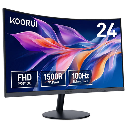 KOORUI 23.6 Zoll FHD Curved Gaming Monitor 100Hz - Schwarz, ein 23.6" gebogener, schwarzer FHD-Monitor für flüssiges Gaming mit 100Hz.
