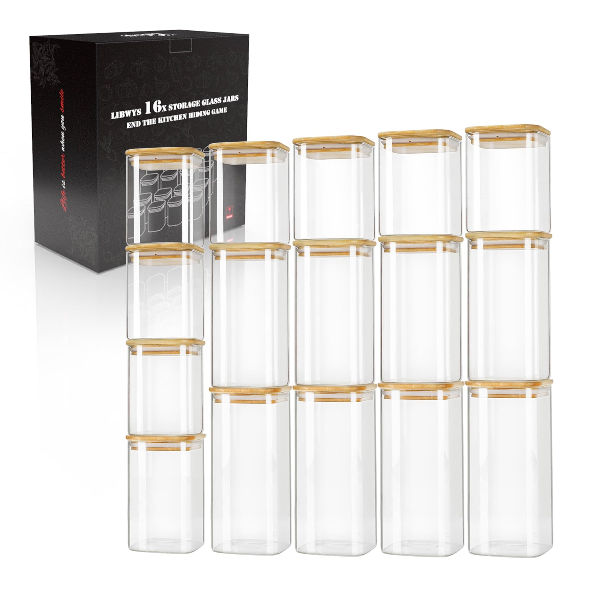 LIBWYS 16er Set Vorratsgläser Bambus Deckel Eckig – 1000ml & 600ml. Klare, eckige Glasbehälter mit Bambusdeckeln zur luftdichten Aufbewahrung.