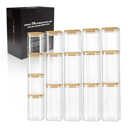 LIBWYS 16er Set Vorratsgläser Bambus Deckel Eckig – 1000ml & 600ml. Klare, eckige Glasbehälter mit Bambusdeckeln zur luftdichten Aufbewahrung.