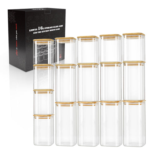 LIBWYS 16er Set Vorratsgläser Bambus Deckel Eckig – 1000ml & 600ml. Klare, eckige Glasbehälter mit Bambusdeckeln zur luftdichten Aufbewahrung.