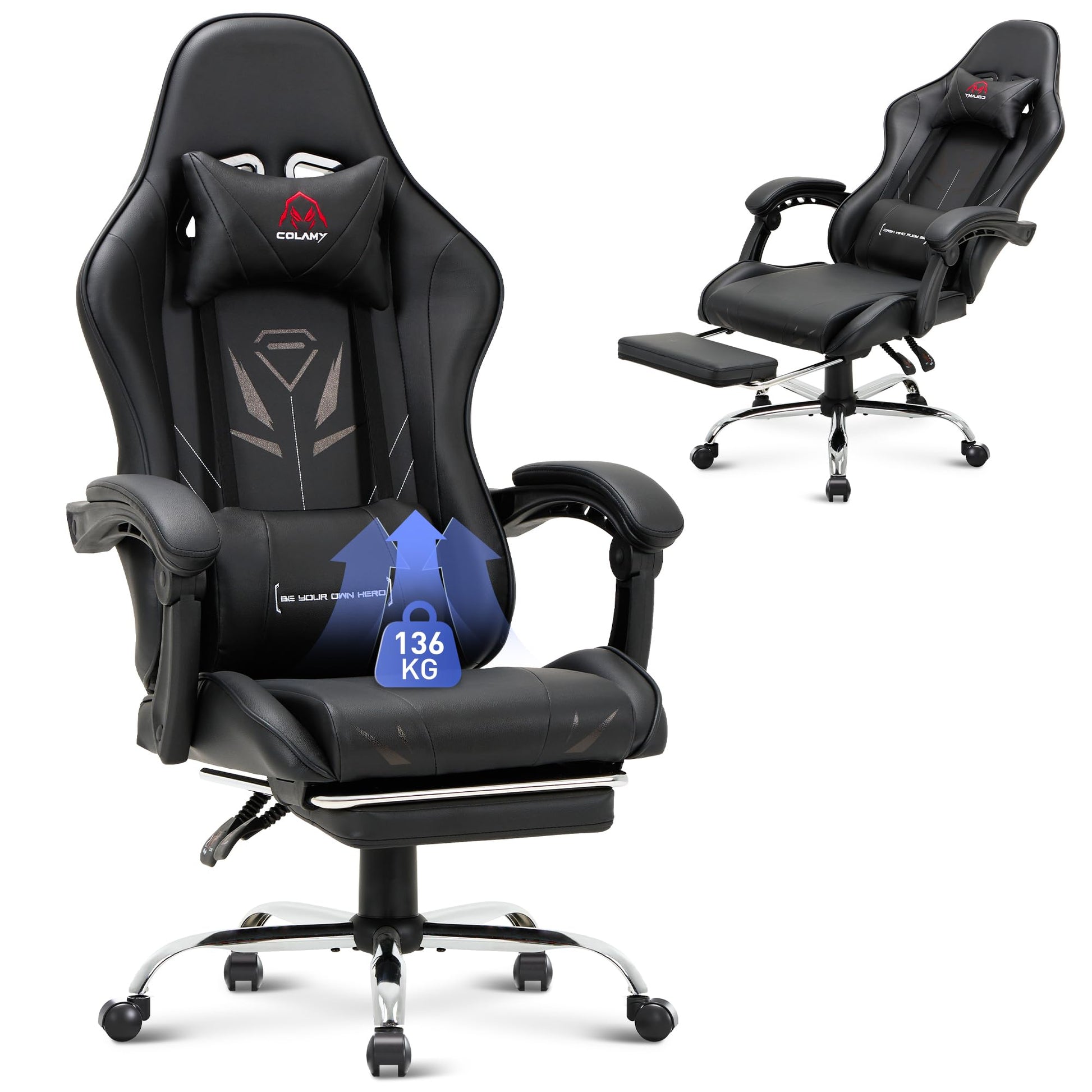 COLAMY PC Gaming Stuhl Ergonomisch – Schwarz Fussstütze. Schwarzer Ergonomie-Stuhl mit integrierter Fußstütze für Komfort beim PC-Gaming.