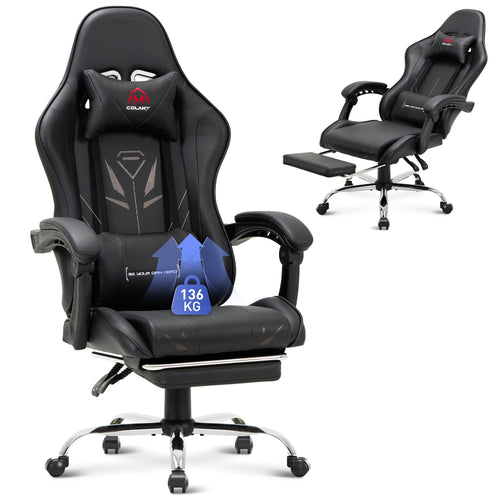 COLAMY PC Gaming Stuhl Ergonomisch – Schwarz Fussstütze. Schwarzer Ergonomie-Stuhl mit integrierter Fußstütze für Komfort beim PC-Gaming.