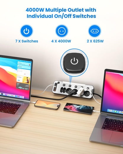 HoniHom Tischsteckdose 6-fach mit USB-C PD 20W, einzeln schaltbar