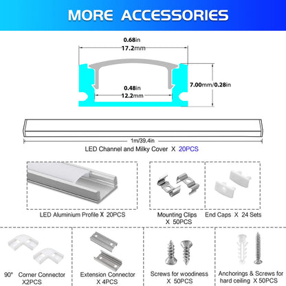 Efishine LED-Profil Aluminium U-Form 20 x 1 m, milchige Abdeckung