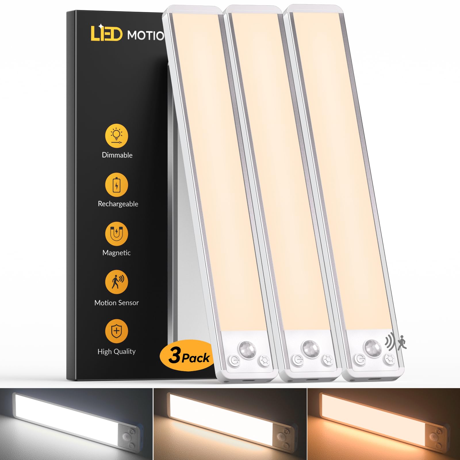 FILIYANO LED Schrankbeleuchtung mit Bewegungsmelder, 30 cm, 3er-Set – flache Leuchte aus Aluminium